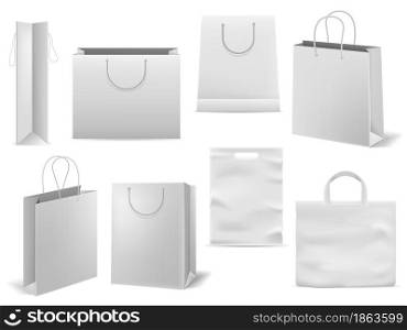 Shopping bag. Realistic white handbag mockup. Empty paper fashion shop square packaging with handles. Isolated 3D cardboard sacks blank templates for branding. Vector store purchase wrapping set. Shopping bag. Realistic white handbag mockup. Empty paper fashion square packaging with handles. 3D cardboard sacks blank templates for branding. Vector store purchase wrapping set
