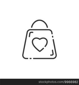 Shopping bag thin line icon. Heart symbol. Isolated outline commerce vector illustration