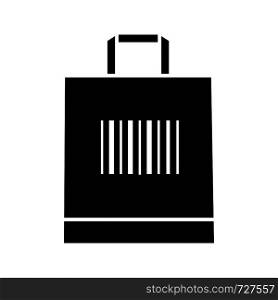 Shopping bag with barcode glyph icon. Retail. Merchandising. Using traditional linear barcodes. One dimensional code data identification. Silhouette symbol. Negative space. Vector isolated illustration. Shopping bag with barcode glyph icon