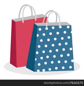 Shopping bag with bought items. Isolated packet with polka dot print for making present. Gift bag with handles. Empty blue and red containers for carrying products. Flat style vector illustration. Paper Bags with Handles, Shopping Packages Vector
