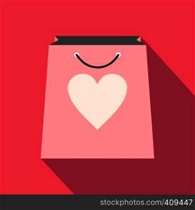 Shopping bag with heart icon. Pink flat icon with long shadow. Shopping bag with heart icon