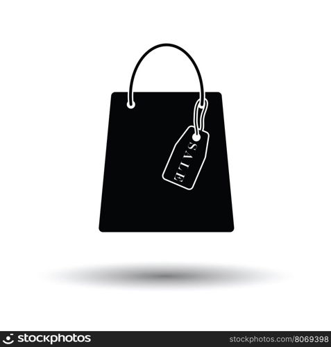 Shopping bag with sale tag icon. White background with shadow design. Vector illustration.