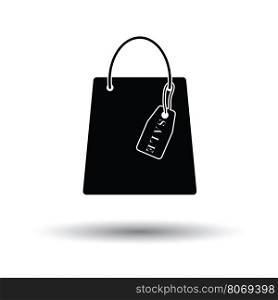 Shopping bag with sale tag icon. White background with shadow design. Vector illustration.