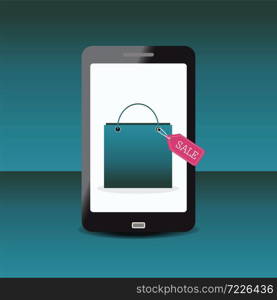 Shopping bag with sale Tag on smartphone, conceptual shopping online vector illustration.