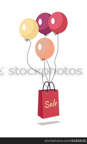 Shopping Bag with Text Sale Flying on Balloons.. Shopping bag with text sale flying on balloons. Marketing message about price reducing. Sale banner retail icon label store and shop purchase. Market commerce illustration. Shopping bag in air. Vector