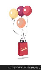 Shopping Bag with Text Sale Flying on Balloons.. Shopping bag with text sale flying on balloons. Marketing message about price reducing. Sale banner retail icon label store and shop purchase. Market commerce illustration. Shopping bag in air. Vector