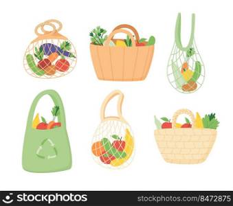 Shopping bag. Zero waste net textile bag for shopping in grocery store. Vector shoppers set image grocery package. Shopping bag. Zero waste net textile bag for shopping in grocery store. Vector eco shoppers set