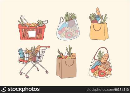 Shopping bags and grocery purchases concept. Full bags and baskets with natural food, organic fruits and vegetables for clean eating healthy diet vector illustration. Department store goods. Shopping bags and grocery purchases concept