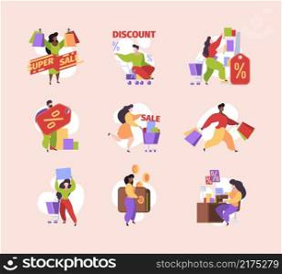 Shopping bags characters. People in market women and men street retail buyers garish vector illustrations in flat style. Illustration shopping and shopper in shop, happy adult. Shopping bags characters. People in market women and men street retail buyers garish vector illustrations in flat style
