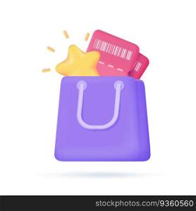 Shopping bags full of vouchers to offer customers special discounts. 3d illustration.