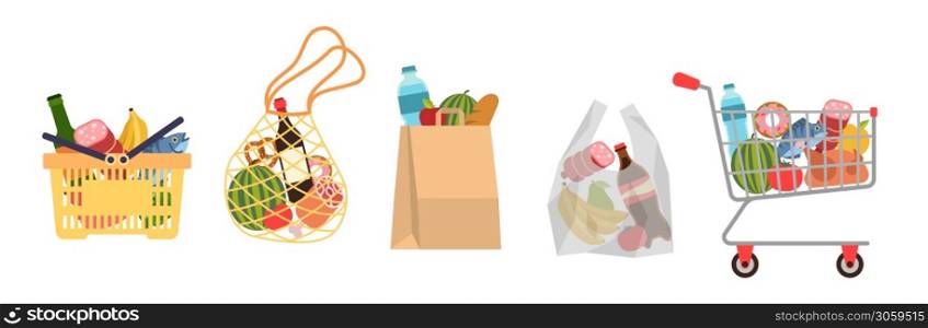 Shopping bags with foods. Grocery purchases, paper packages, plastic or eco bag, full trolley and basket with products. Buying organic food modern flat vector cartoon set. Shopping bags with foods. Grocery purchases, paper packages, plastic or eco bag, full trolley and basket with products. Buying food flat vector cartoon set