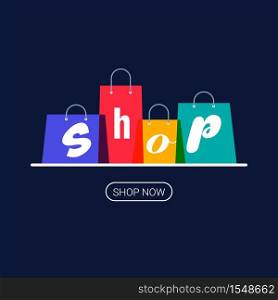 Shopping bags with shop inscription. Online shopping logo. Buy now button. Vector illustration on dark background.. Shopping bags with shop inscription. Online shopping logo. Buy now button. Vector illustration on dark background