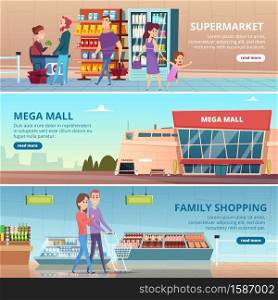 Shopping banners. People in grocery food market gourmet retailers shelves vector mall interior illustrations. Buy in retail, interior of supermarket or store with food. Shopping banners. People in grocery food market gourmet retailers shelves vector mall interior illustrations