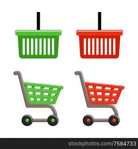 Shopping basket and shopping cart set. Vector illustration
