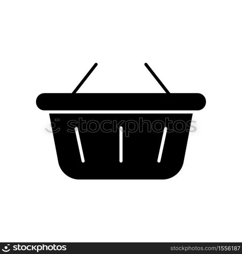 Shopping basket black glyph icon. Buy groceries. E commerce consumer. Retail in supermarket. Hypermarket bag to carry products. Silhouette symbol on white space. Vector isolated illustration. Shopping basket black glyph icon