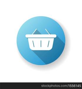 Shopping basket blue flat design long shadow glyph icon. Buy groceries. Retail in supermarket. Hypermarket bag to carry products. Empty basket for store purchase. Silhouette RGB color illustration. Shopping basket blue flat design long shadow glyph icon