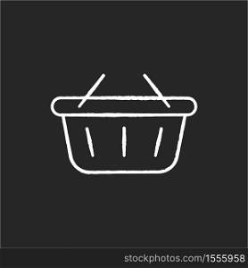 Shopping basket chalk white icon on black background. Buy groceries. Retail in supermarket. Hypermarket bag to carry products. Empty basket for store purchase. Isolated vector chalkboard illustration. Shopping basket chalk white icon on black background