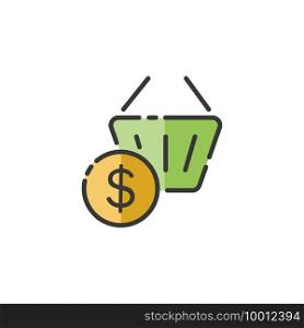 Shopping basket. Dollar symbol. Filled color icon. Isolated commerce vector illustration