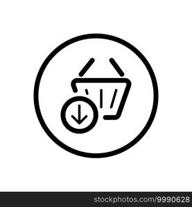 Shopping basket. Down arrow. Commerce outline icon in a circle. Isolated vector illustration