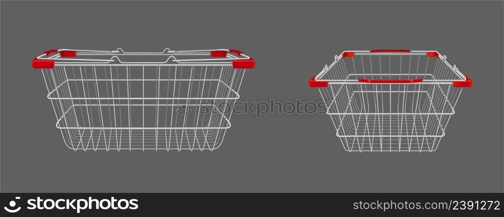 Shopping basket, empty supermarket metal cart with handles. Isolated customers equipment for purchasing in retail shop front and side view, grocery and store market, Realistic 3d vector illustration. Shopping basket front and side view, empty cart
