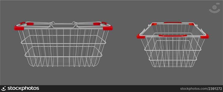 Shopping basket, empty supermarket metal cart with handles. Isolated customers equipment for purchasing in retail shop front and side view, grocery and store market, Realistic 3d vector illustration. Shopping basket front and side view, empty cart