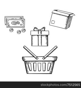 Shopping basket, gift box with ribbon bow, cardboard parcel, money bills and coins. Sketch icons for shopping theme. Shopping basket, gift, parcel and money