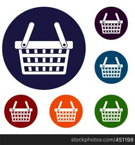 Shopping basket icons set in flat circle reb, blue and green color for web. Shopping basket icons set
