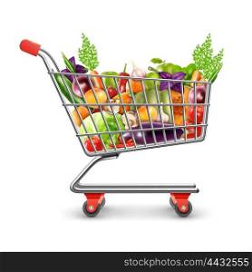 Shopping Basket Of Fresh Fruits And Vegetables. Realistic shopping basket full of organic products with fresh fruits vegetables and greens for healthy nutrition vector illustration