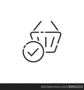 Shopping basket thin line icon. Check mark. Isolated outline commerce vector illustration
