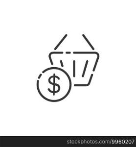 Shopping basket thin line icon. Dollar symbol. Isolated outline commerce vector illustration