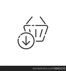 Shopping basket thin line icon. Down arrow. Isolated outline commerce vector illustration