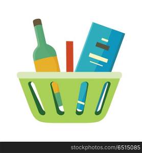 Shopping basket with goods vector in flat style. Green plastic basket with bottle of wine and box. Accessories for trade, selling alcohol illustration for shopping services, app icons, logo design.. Shopping Basket with Goods Vector Illustration.. Shopping Basket with Goods Vector Illustration.