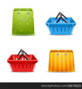Shopping baskets and paper gift bags decorative set isolated vector illustration