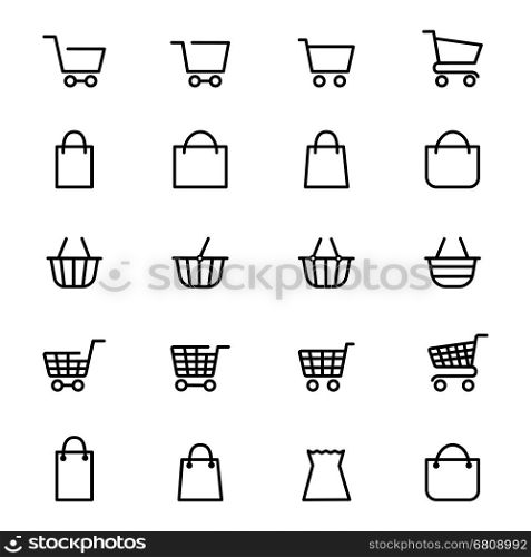 Shopping baskets line icons. Shopping baskets and store bags line icons isolated on white. Vector illustration