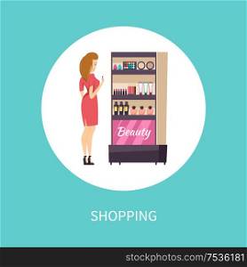 Shopping beauty products makeup poster vector. Stand with visage production cosmetics for women. Foundation powder and mascara bottles and lotions. Shopping Beauty Products Makeup Poster Vector