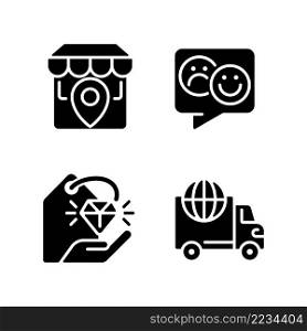 Shopping black glyph icons set on white space. Worldwide delivery service. Store location. Electronic commerce. Silhouette symbols. Solid pictogram pack. Vector isolated illustration. Shopping black glyph icons set on white space