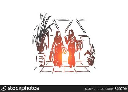 Shopping, boutique, muslim, arab, hijab concept. Hand drawn muslim women doing shopping in mall concept sketch. Isolated vector illustration.. Shopping, boutique, muslim, arab, hijab concept. Hand drawn isolated vector.
