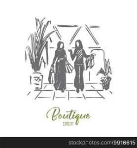 Shopping, boutique, muslim, arab, hijab concept. Hand drawn muslim women doing shopping in mall concept sketch. Isolated vector illustration.. Shopping, boutique, muslim, arab, hijab concept. Hand drawn isolated vector.