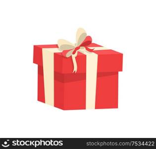 Shopping box decorated by silk tape and topped by bow, vector Christmas surprise in package isolated on white. Wrapped gift in cardboard container. Shopping Box Decorated by Silk Tape, Topped by Bow