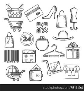 Shopping, business and commerce icons with black and blue shopping carts, basket and bags, bank credit card and wallets, money, delivery, barcode, store, qr code and gift box calculator, shoes, hat. Shopping, business and commerce sketch icons