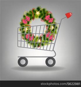 Shopping cart and christmas wreath. Vector illustration.