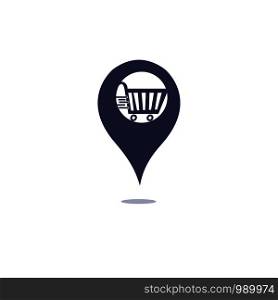 Shopping cart and map pointer logo design. Shopping mall GPS location pointer vector icon logo design template.