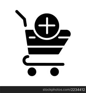 Shopping cart black glyph icon. Selected items in basket. Website interface. Online shopping. Goods assortment. Silhouette symbol on white space. Solid pictogram. Vector isolated illustration. Shopping cart black glyph icon