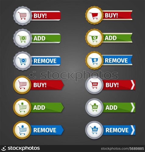 Shopping cart buttons e-commerce web design elements glossy sticker set with buy add remove ribbons isolated vector illustration