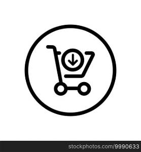 Shopping cart. Down arrow. Commerce outline icon in a circle. Isolated vector illustration
