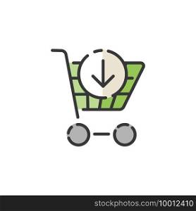 Shopping cart. Down arrow. Filled color icon. Isolated commerce vector illustration