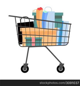 Shopping cart filled with boutique boxes semi flat color vector object. Full sized item on white. Purchasing new clothes simple cartoon style illustration for web graphic design and animation. Shopping cart filled with boutique boxes semi flat color vector object
