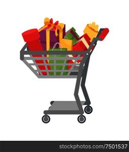 Shopping cart full of presents gift boxes, color packages with bows. Trolley with Christmas gifts, packed surprises for New Year holidays vector isolated. Shopping Cart Presents Gift Boxes, Color Packages