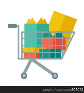 Shopping cart full of shopping bags and gift boxes. A contemporary style. Vector flat design illustration with isolated white background. square layout. Shopping cart full of shopping bags and gift boxes.