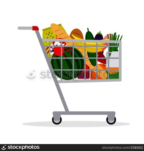 Shopping cart icon. Supermarket shopping cart in flat style with food. Vector illustration. Supermarket shopping cart